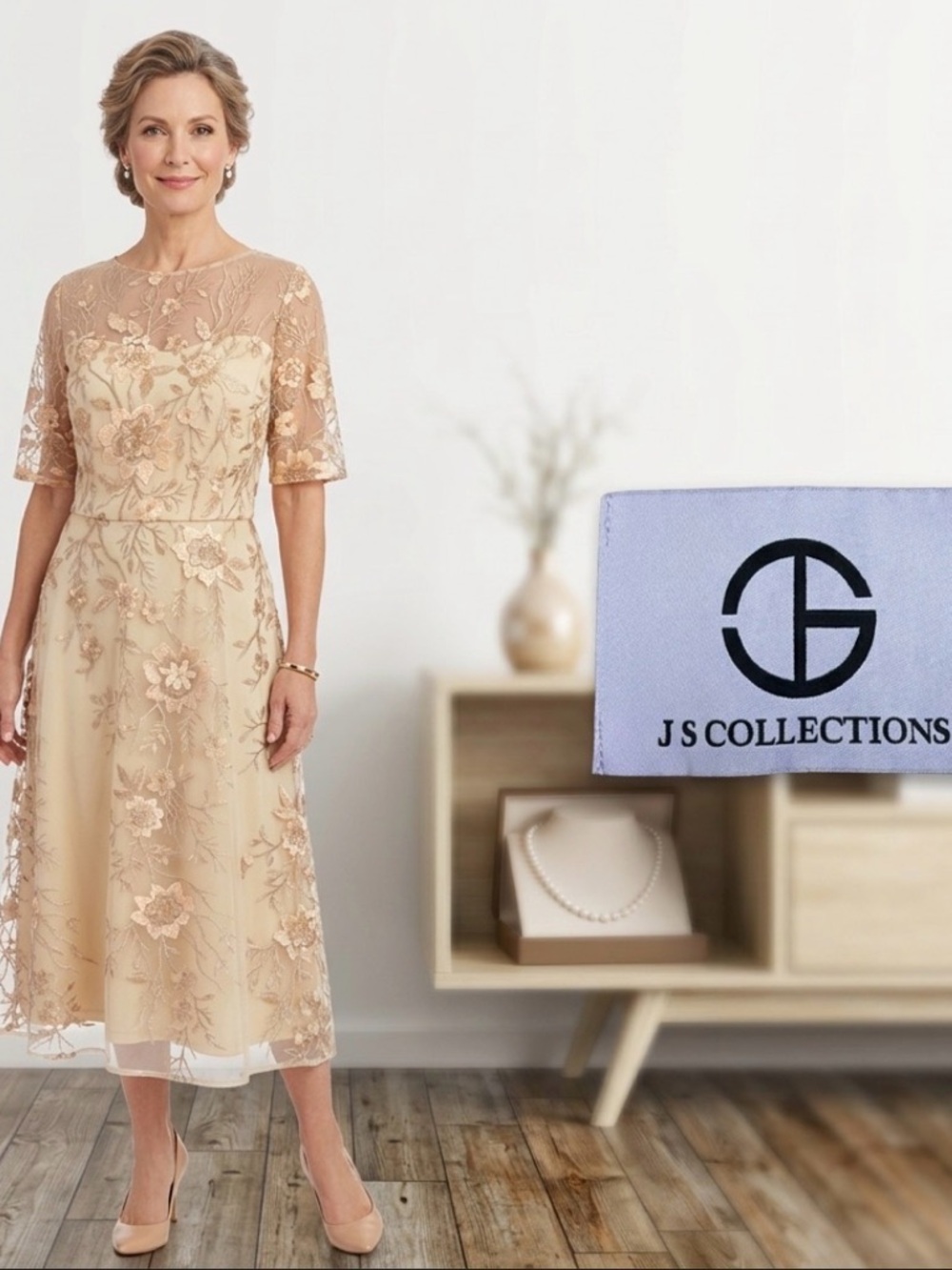 JS Collections Floral Embroidered Illusion Midi Dress Beige Gold Size 10 Wedding